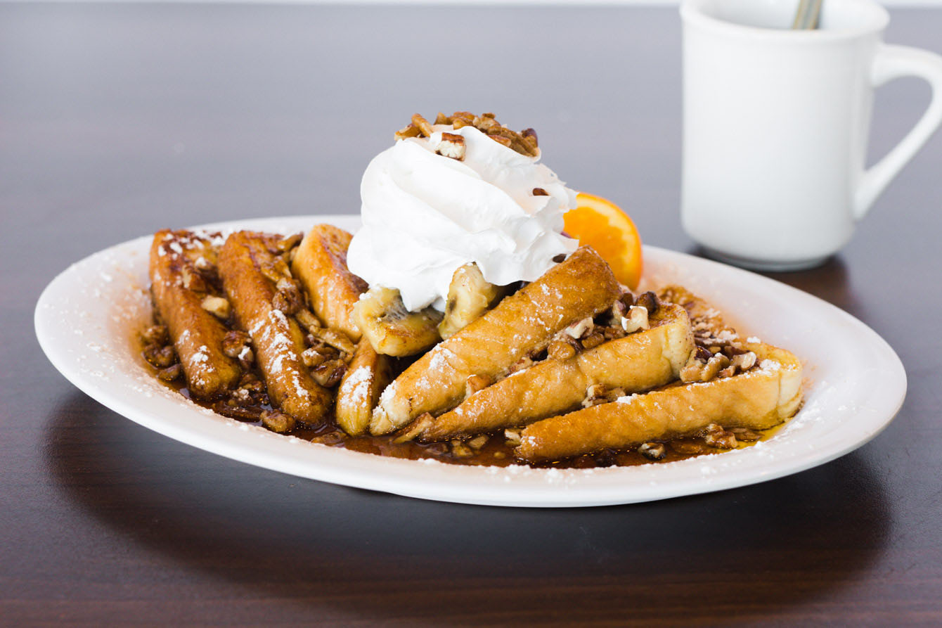 Bananas Foster waffles from The Pancakery menu